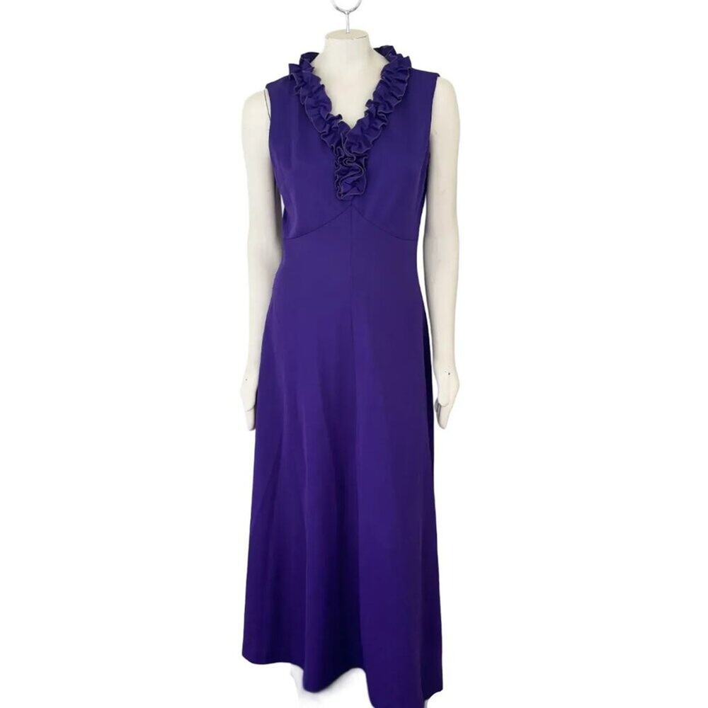 VTG 70s Ruffled Neck Formal Maxi Dress in Royal Purple  Bridesmaid Prom  SZ M